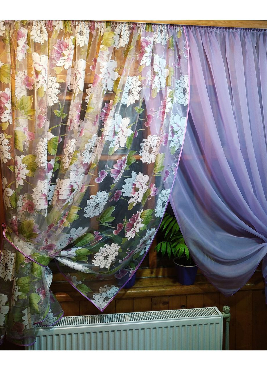 Занавеска готовая короткая Вероника сирень сиреневый цветок No Brand (372133942)