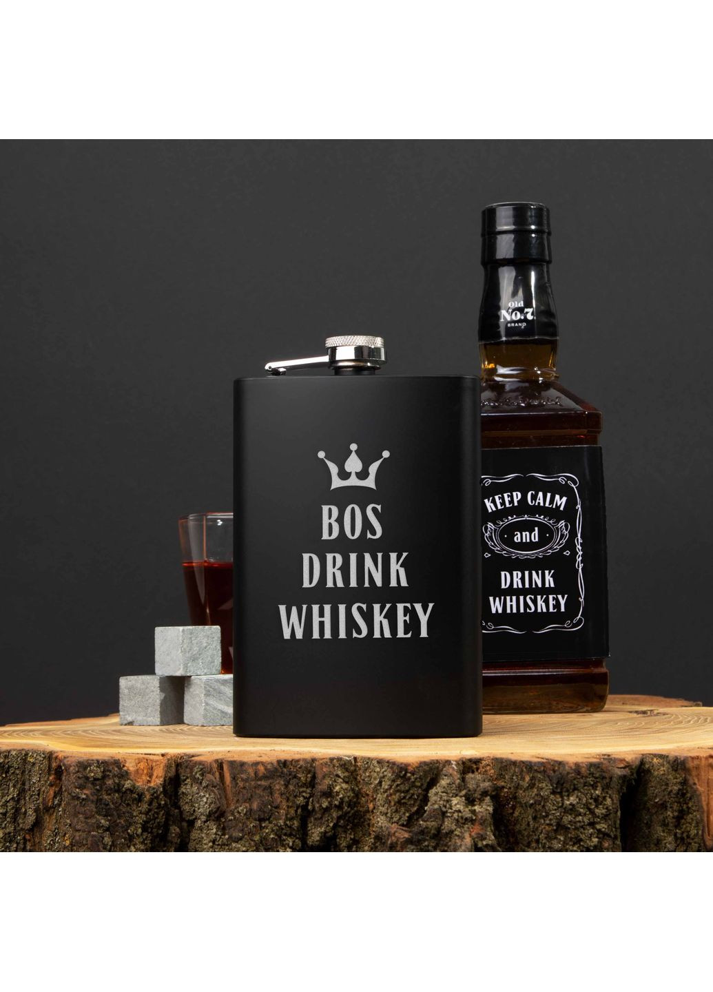 Набір чорна фляга з чарками "Bos drink whiskey", англійська, Крафтова коробка, 210 мл BeriDari (365439428)