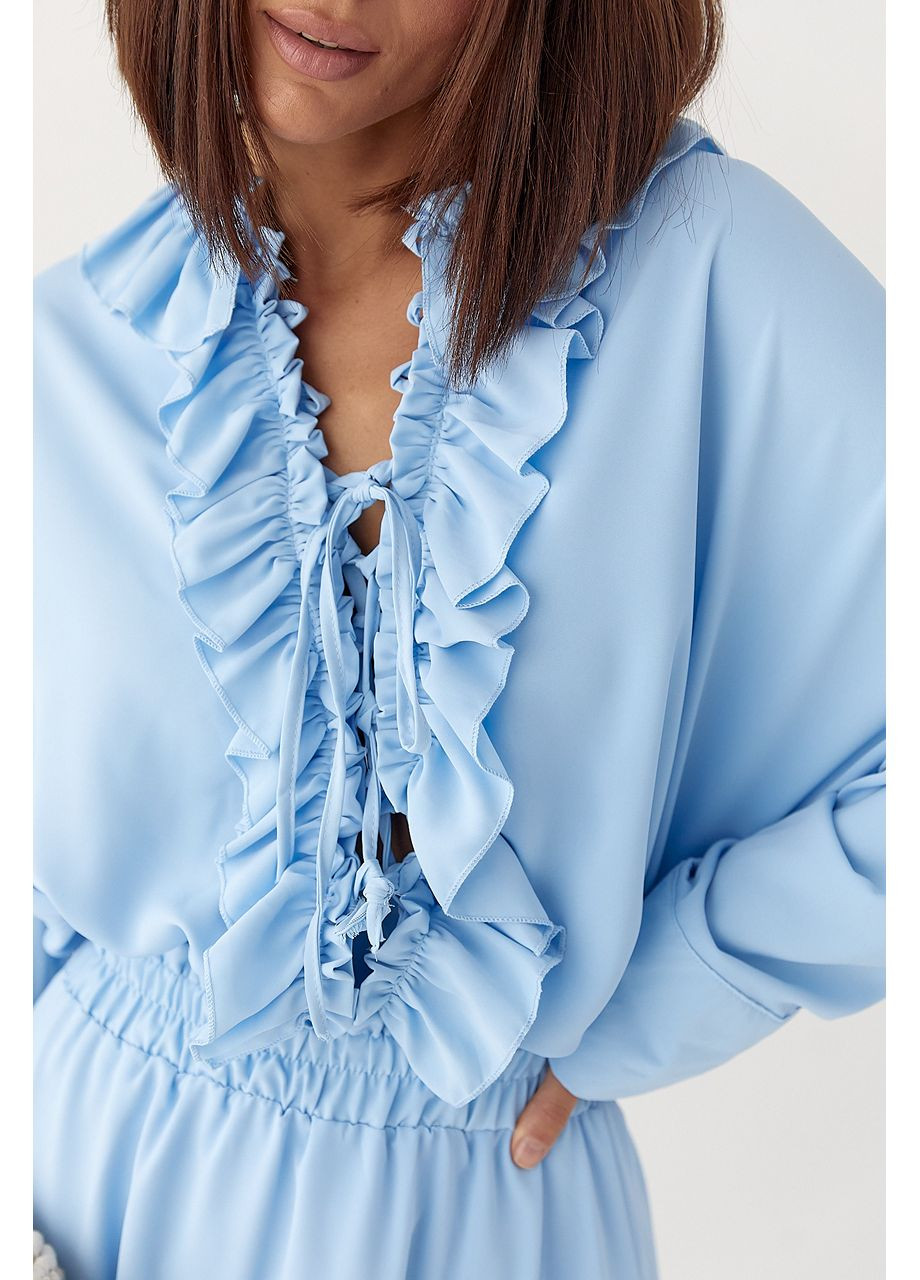 Бавовняний костюм з рюшами зі спідниці та блузки - блакитний колір Lurex (353306301)