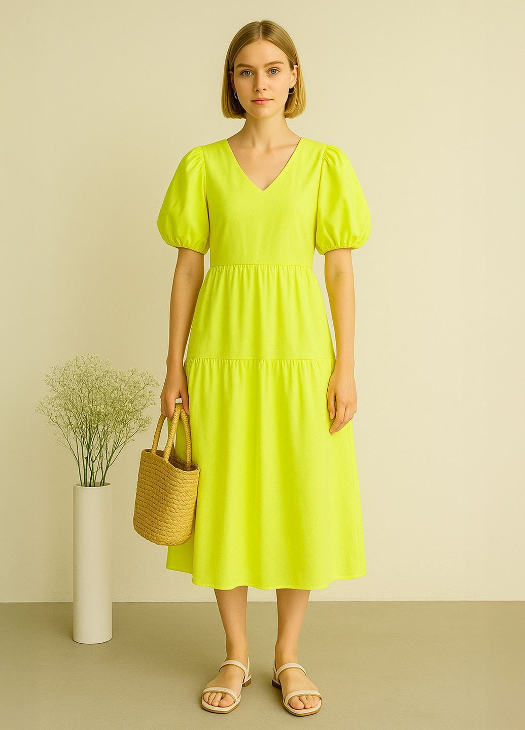 Лайм повсякденний, пляжна, кежуал лимонна бавовняна міді сукня а-силует Stefanel однотонна