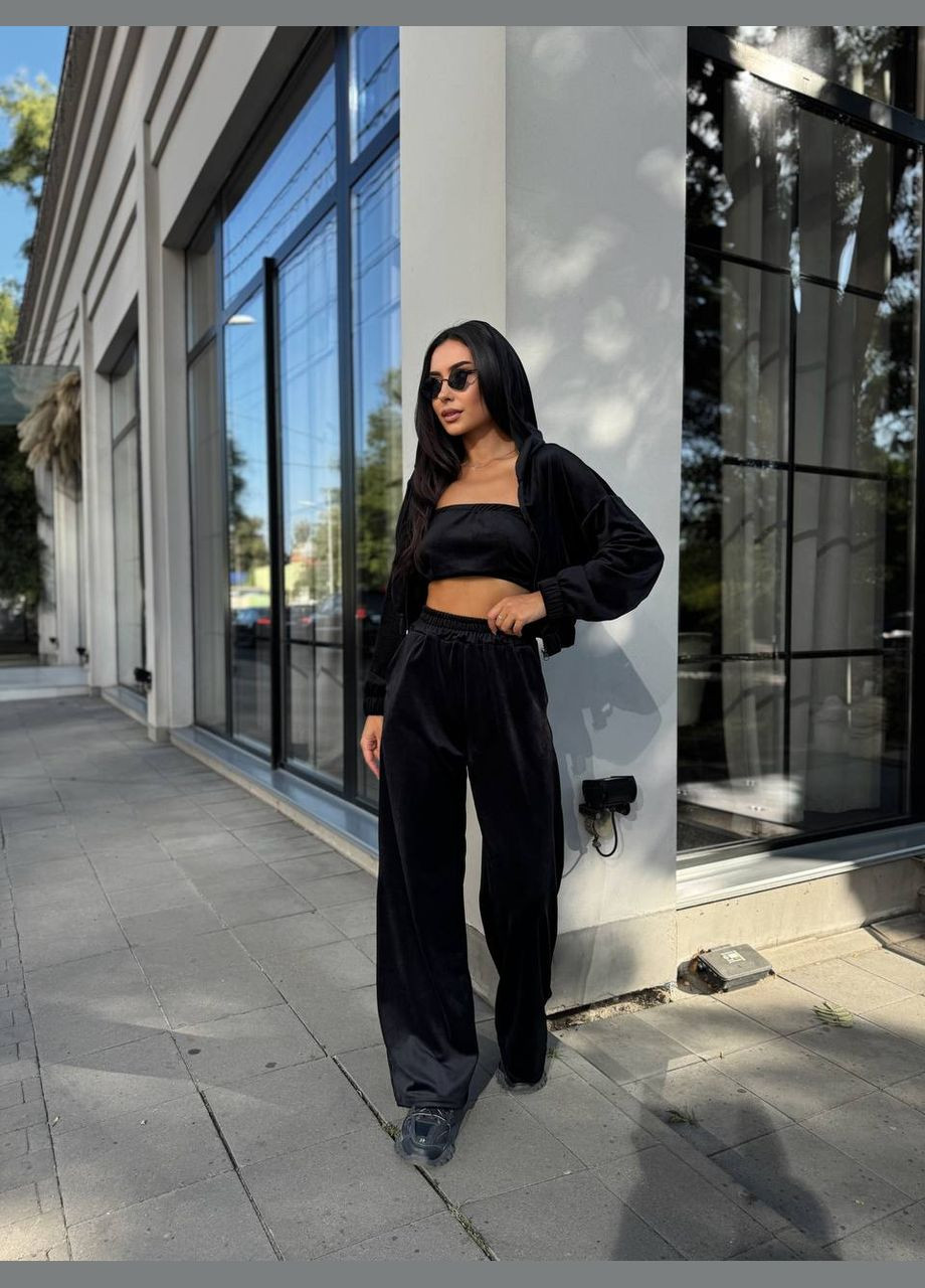 Жіночий велюровий костюм трійка кроп-худі, топ-бандо та штани палаццо MonCher (347584616)