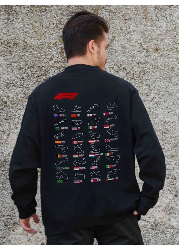 Черный утепленный оверсайз свитшот на флисе с принтом track black Without (362441439)