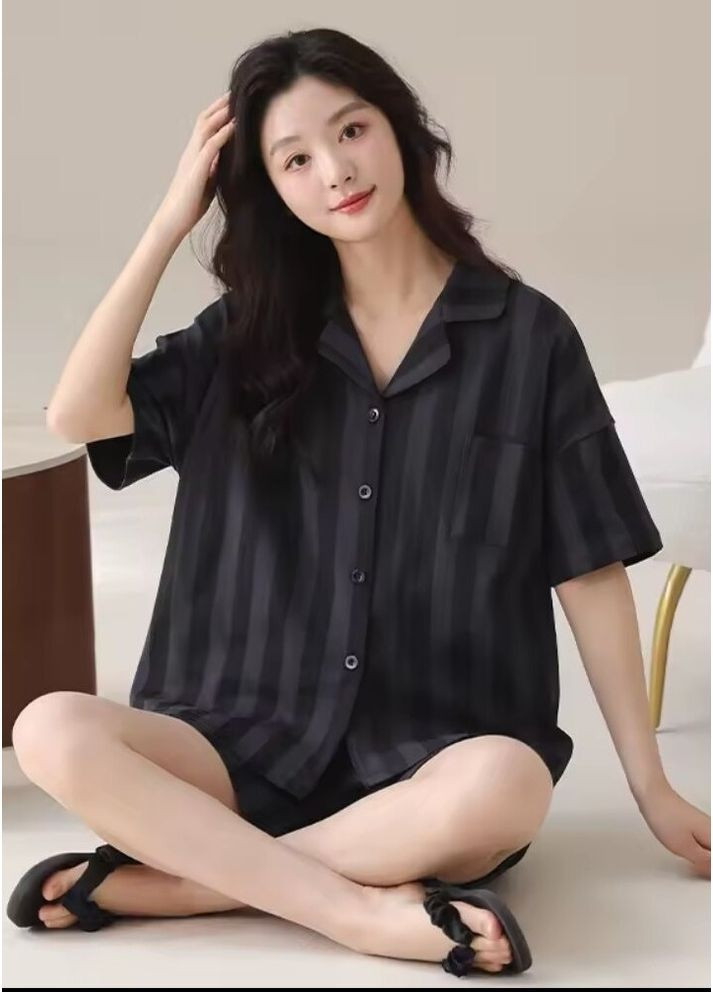 Чорна всесезон стильний атласний піжамний комплект жіноча піжама з атласу сорочка + шорти стильна коротка піжама на ґудзиках набір для сну сорочка + шорти Cindylove