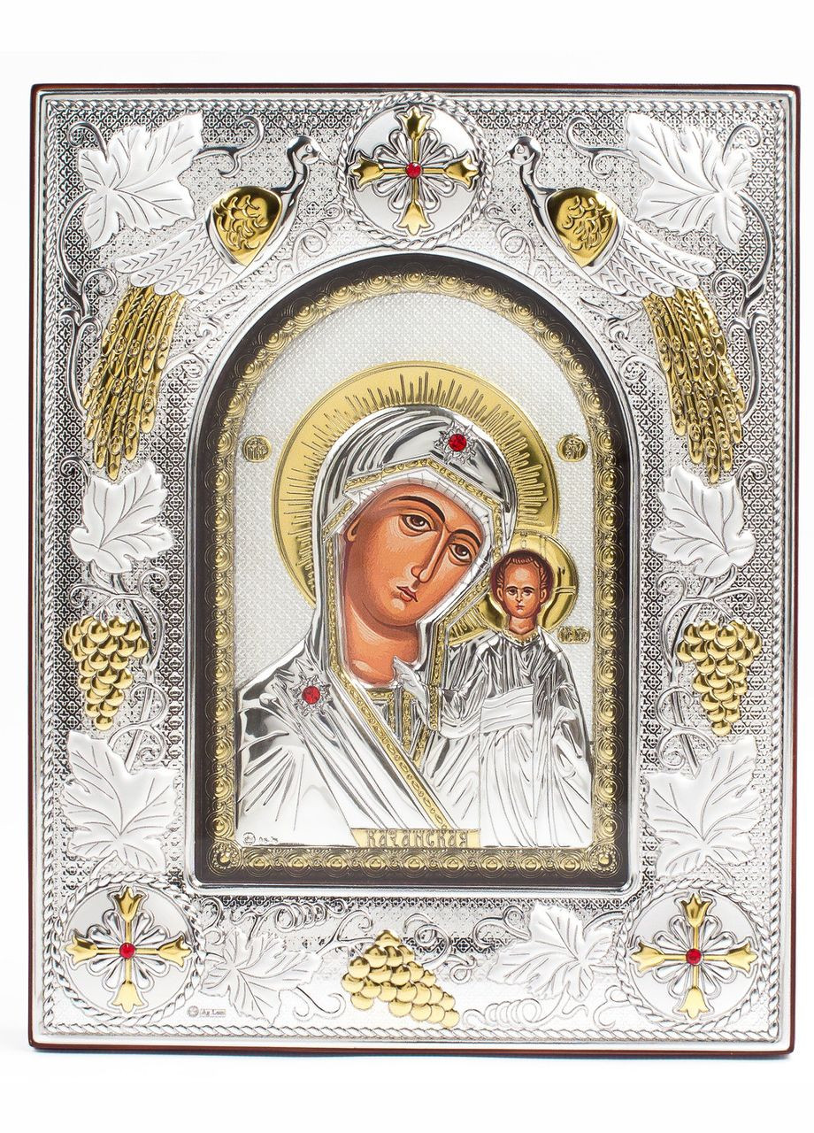 Казанська Ікона Божої Матері 14x18x3см в срібній прямокутній рамці з позолотою під склом Prince Silvero (265215763)