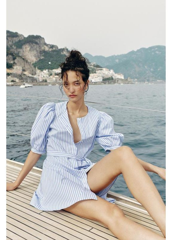 Голубое полосатое поплиновое платье zw collection Zara