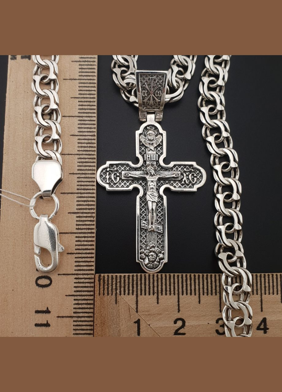 Комплект! Серебряная цепочка и крестик с Архангелами. Мужская цепь бисмарк ширина 7 мм и крест. 55 см ZLATO (277979715)