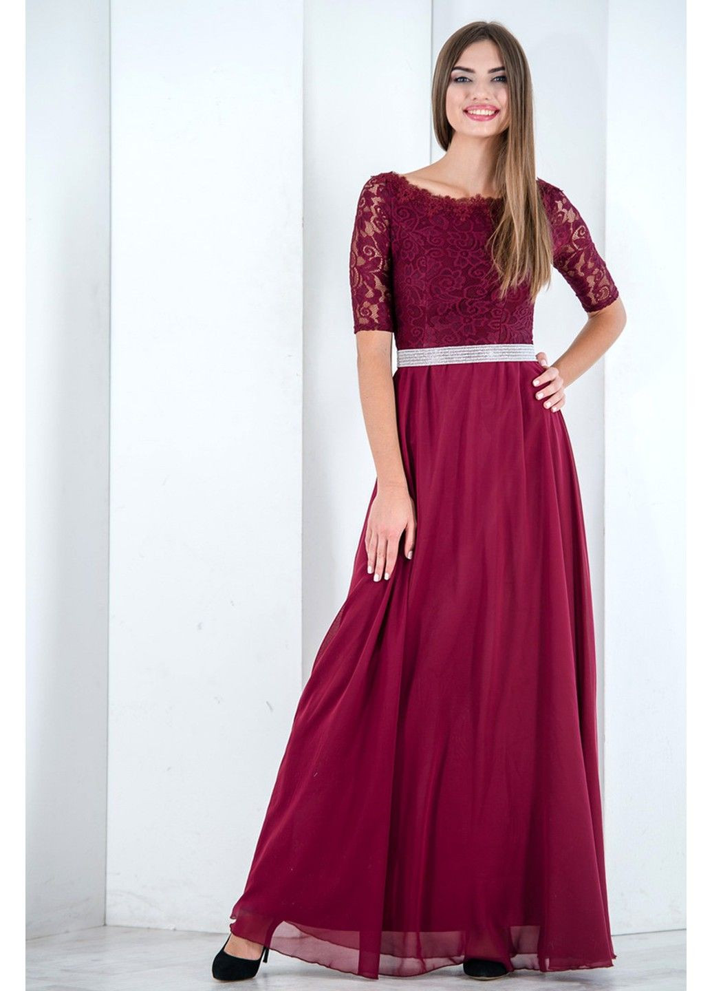Бордова вечірня сукня гіпюр шифон 6011 бордова Tanita-Romario