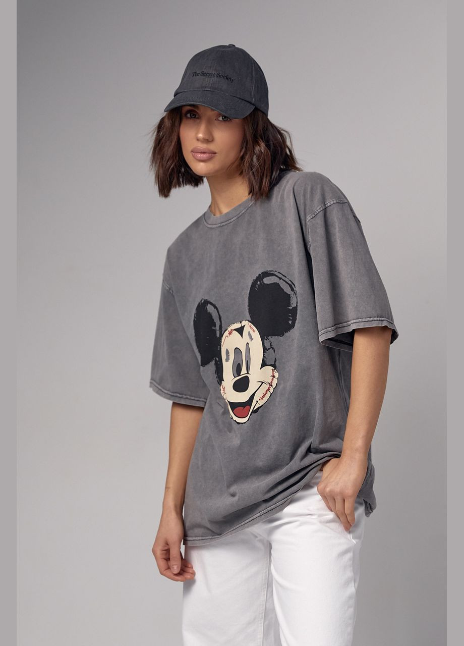 Світло-сіра літня жіноча футболка oversize з принтом mickey mouse 13245 з коротким рукавом Lurex