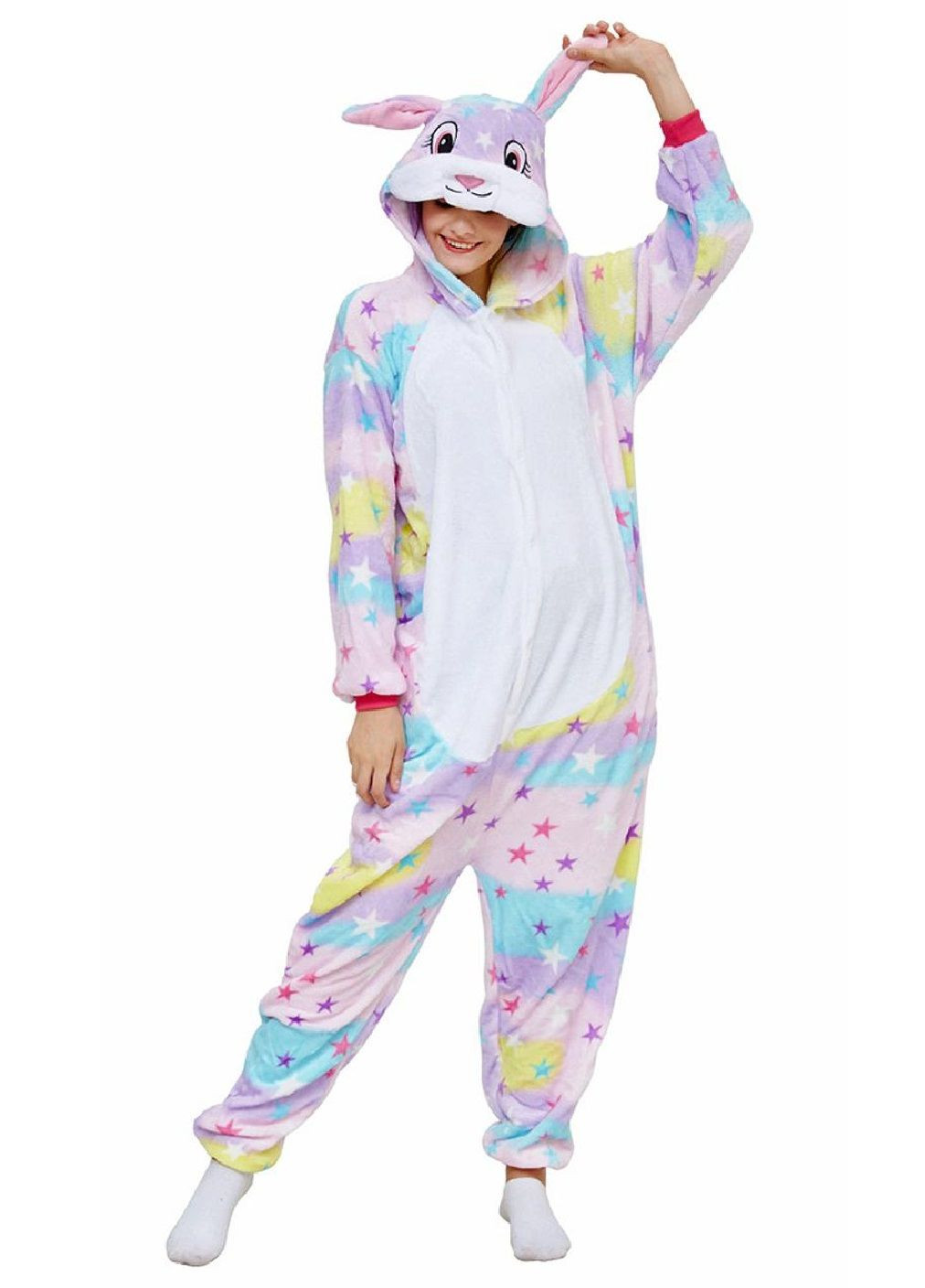 Кигуруми костюм пижама женский махровый застегивается на кнопках с капюшоном ушами (478513-Prob) Радужный заяц размер S Unbranded (305843430)