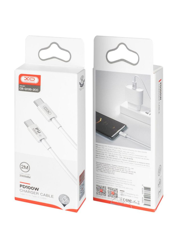 Дата USB-C кабель USB-C 2.0m 100W white (m500298) XO USB-C to USB-C 2.0m 100W white (367069680)