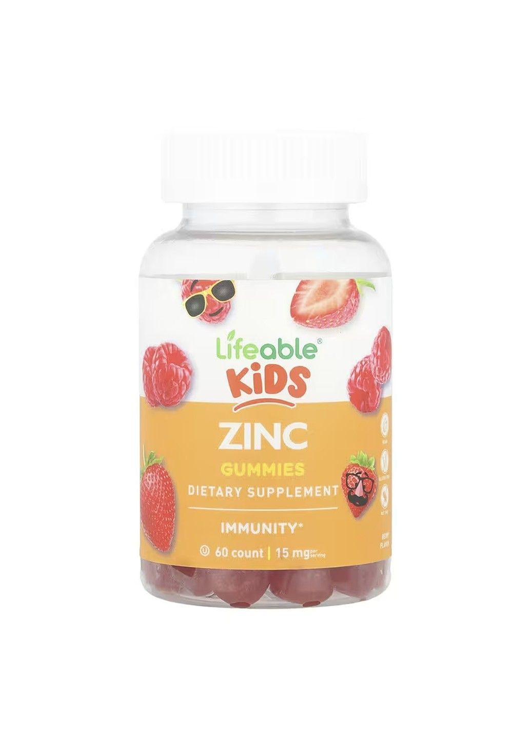Zinc Kids, жувальні мармеладки із цинком для дітей, 15 мг, 60 жувальних мармеладок Lifeable (370162539)