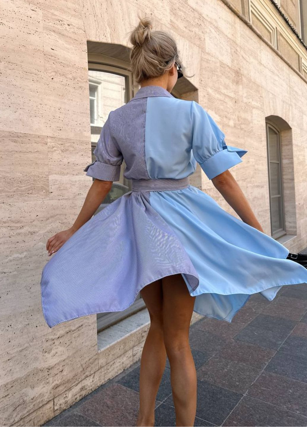 Сіро-голубий повсякденний сукня-сорочка у поєднанні двох кольорів сукня-сорочка Allthings