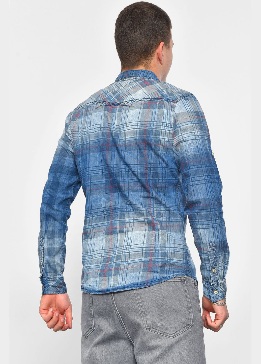 Сорочка чоловіча батальна джинсова синього кольору в клітинку Let's Shop (293939453)