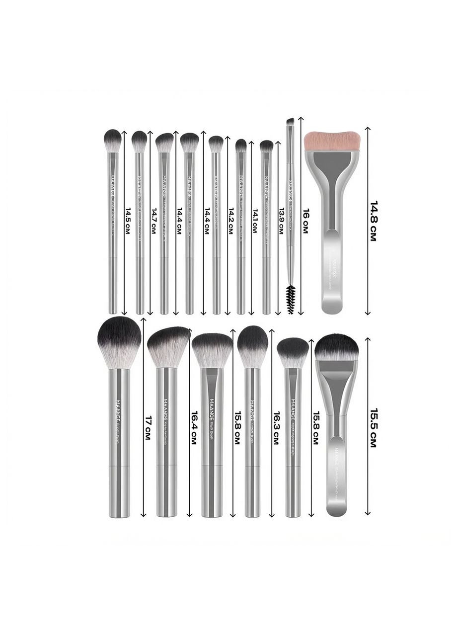 Набір пензлів для макіяжу MAANGE 15 шт. для сухих та вологих текстур, штучний ворс, Срібло China (369930315)