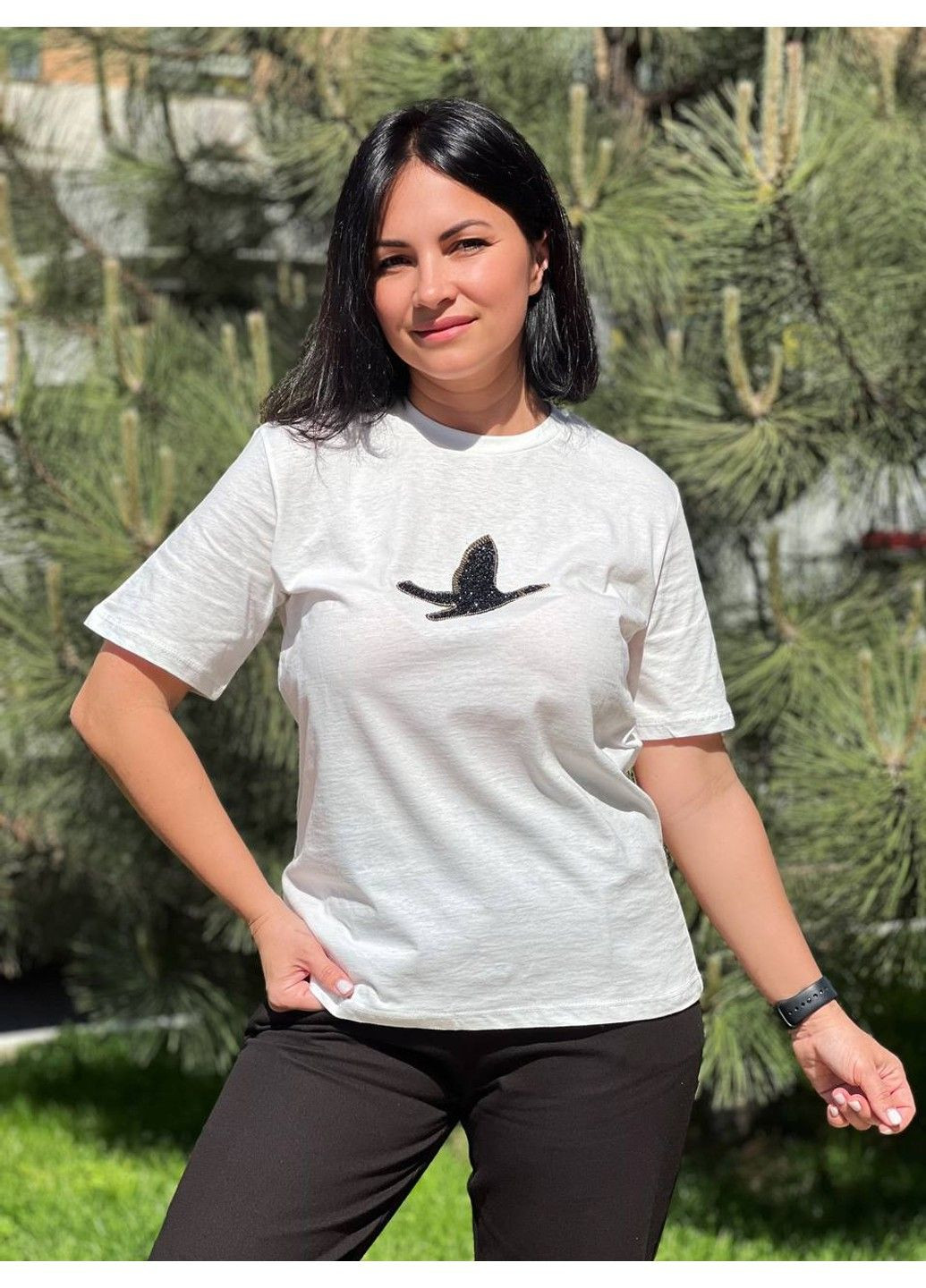 Женская футболка Pepper Mint PT24-17 птица камни средняя длина Pepper&Mint - (303630269)