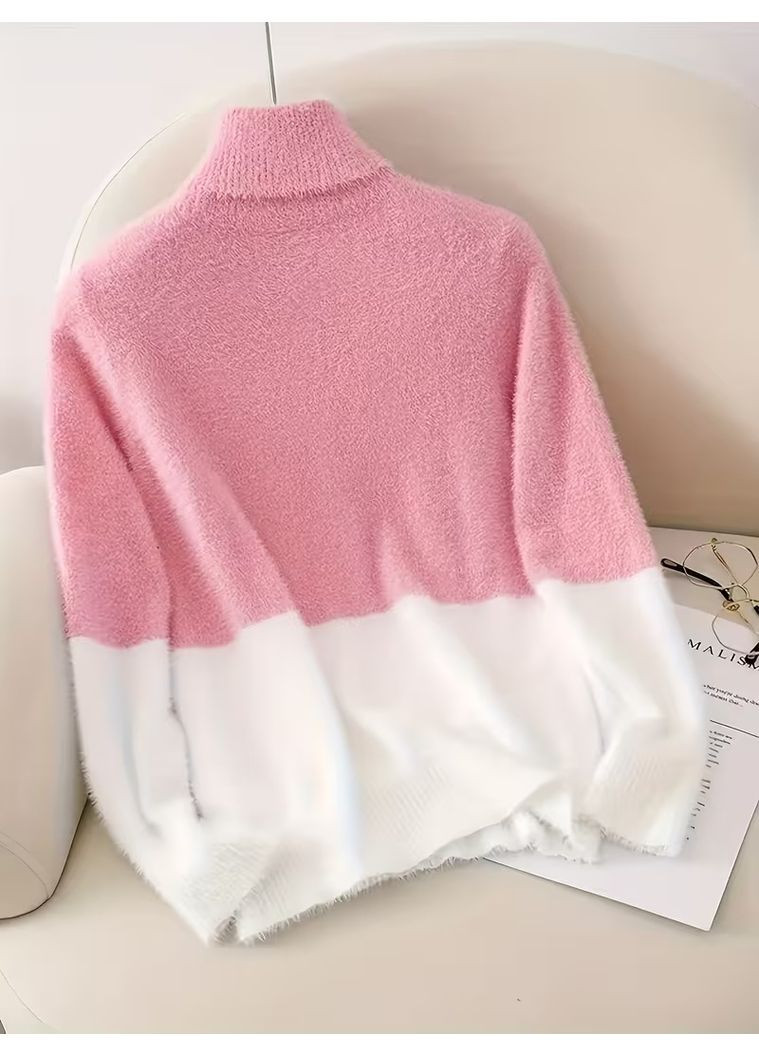 Комбинированный демисезонный женский мягкий розово-белый свитер с высоким воротником размер:l( s/м) джемпер No Brand