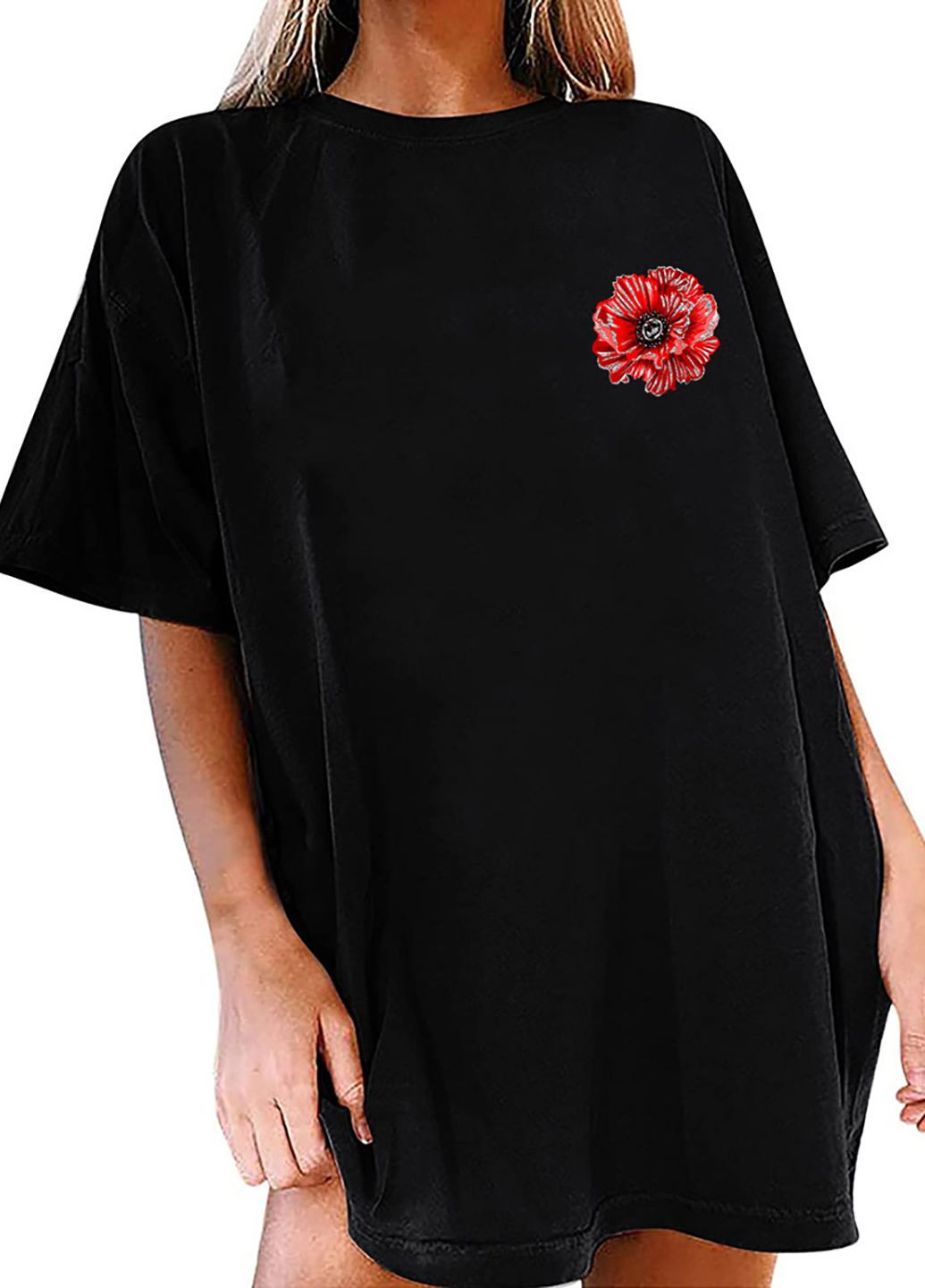 Черное платье-футболка черное с удлиненным рукавом abstract floral Love&Live с рисунком