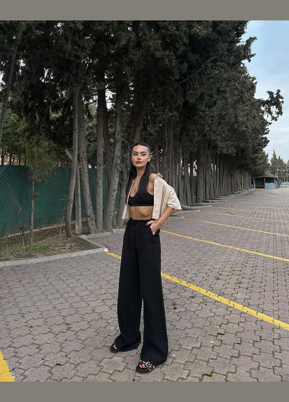 Женские летние льняные свободные брюки брюки палаццо коричневые бежевые черные лен жатка No Brand (327890503)