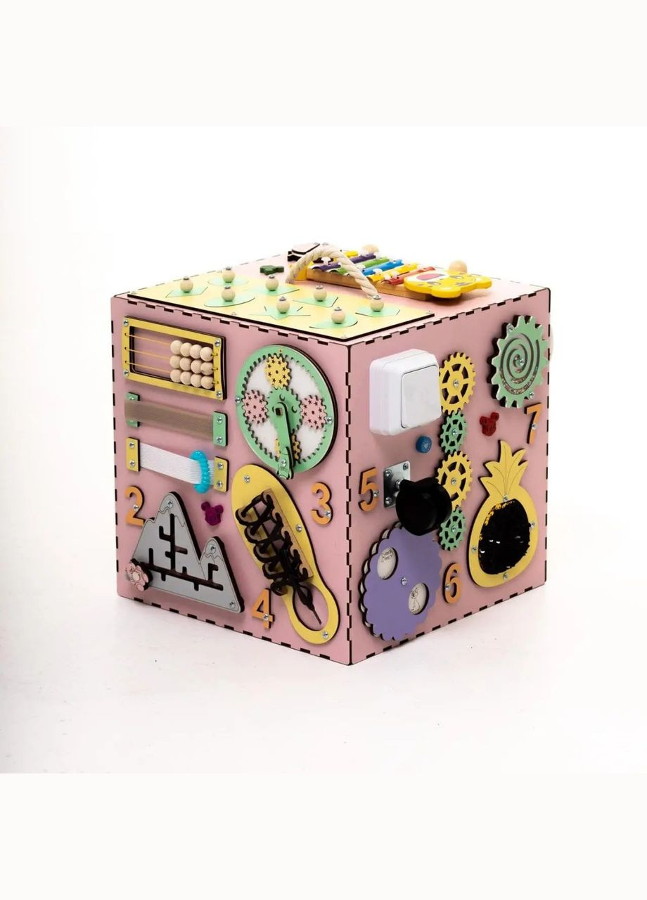 Дитячий ігровий розвиваючий бізікуб з дерева для дівчаток Рожевий 30х30х30 см Handmade 213-001-004 (346085175)