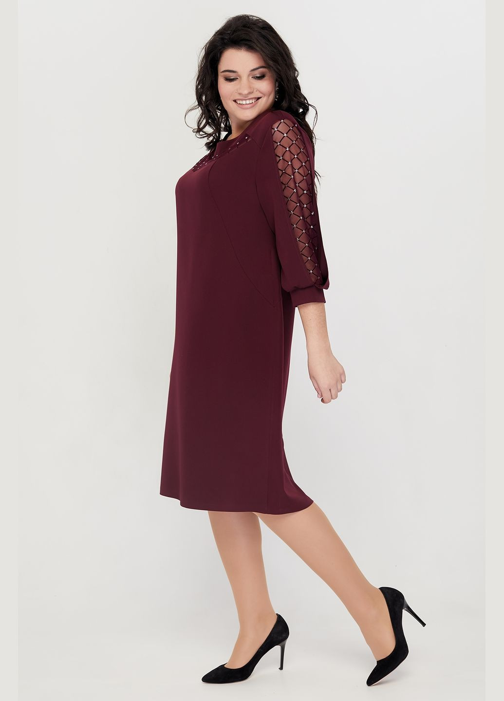 Бордовое женское платье полуприталенного силуэта больших размеров с рукавом 3/4 all posa (ap100431p) A'll Posa