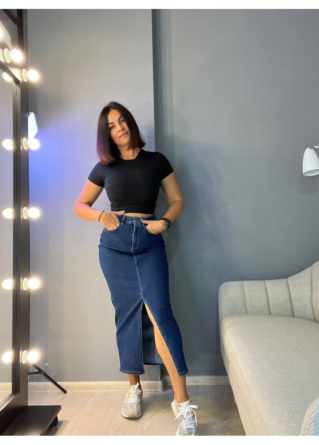 Спідниця жіноча 3805 джинсова розріз з попереду довга стрейчева Zeo Basic (304548500)