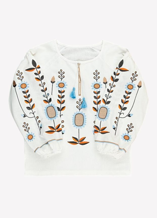 Молочная подростковая вышиванка для девочки лен молочная с цветами. Україна лен (313453249)