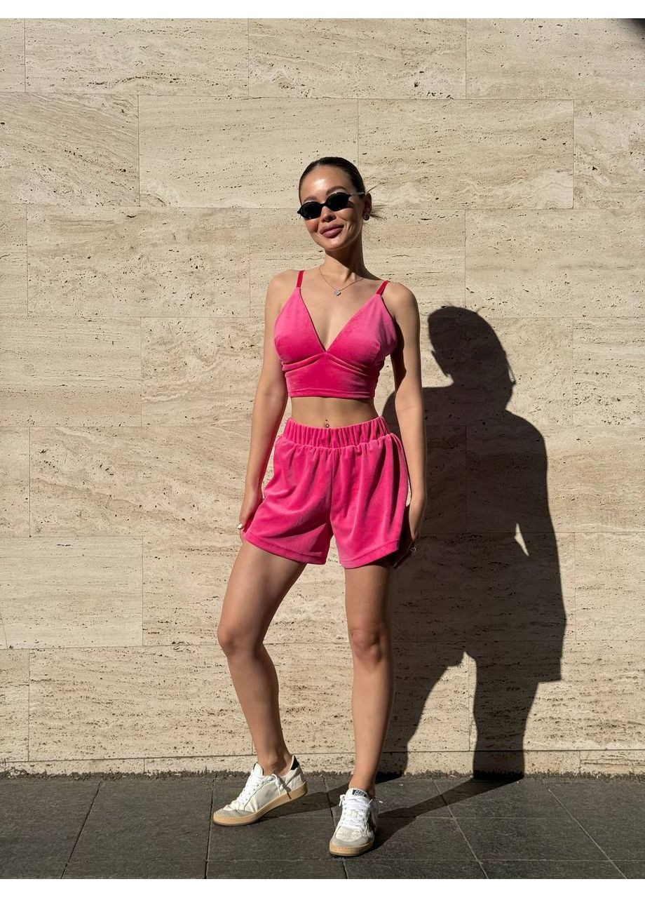 Велюровий домашній комплект топ+шорти малинового кольору 34430 No Brand (358888148)