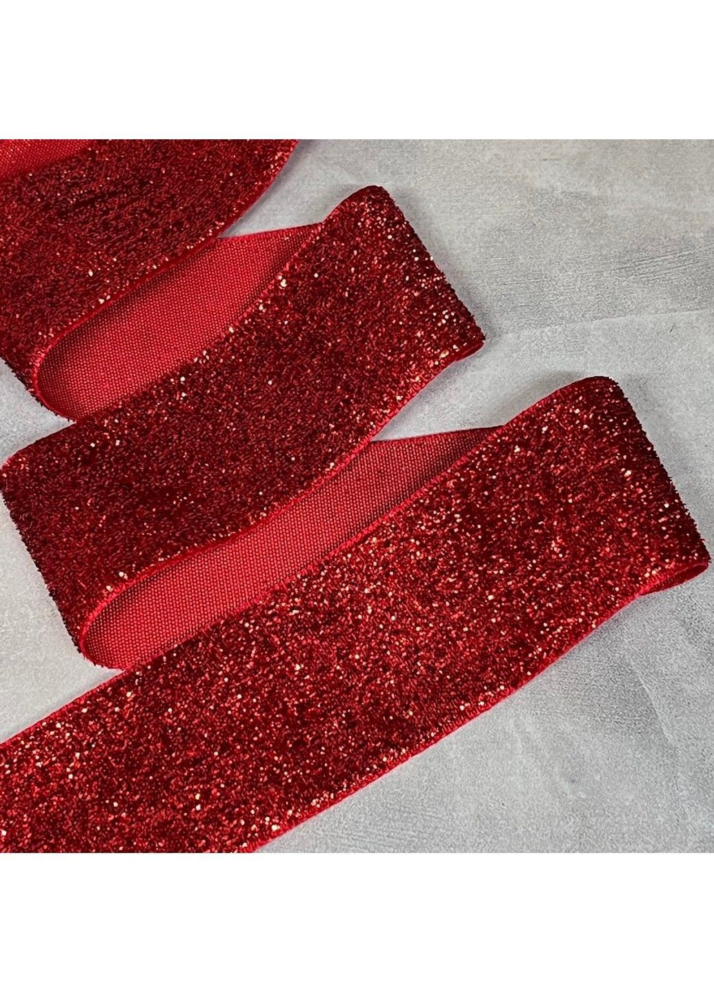 Стрічка велюрова 3,8 см з люрекс ниткою, червоний, арт 019671, 1 метр No Brand (369971200)