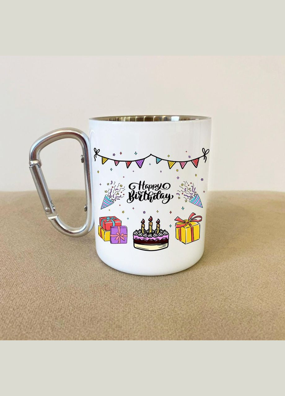Кружка металева з карабіном "Happy Birthday" 300 мл Біла No Brand (324263979)
