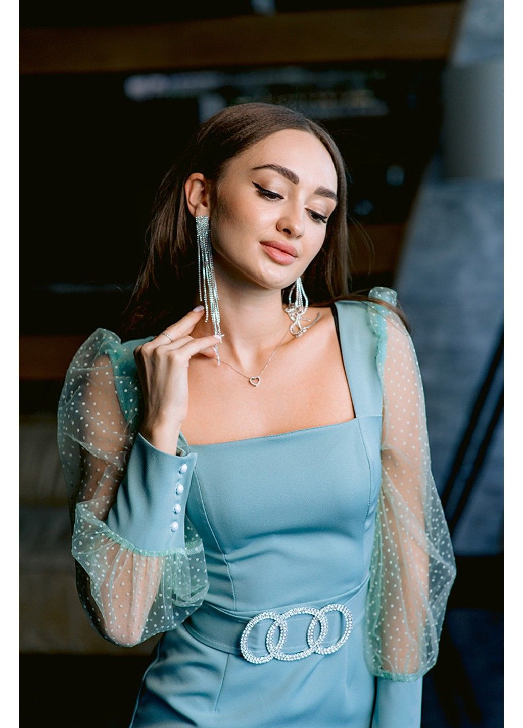 Бірюзова коктейльна сукня об'ємний рукав 23011 шавлія Tanita-Romario