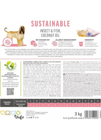 Сухий корм Dog Sustainable Sensitive для собак з чутливим травленням, з рибою та комахами, 1 кг Brit Care (364787077)