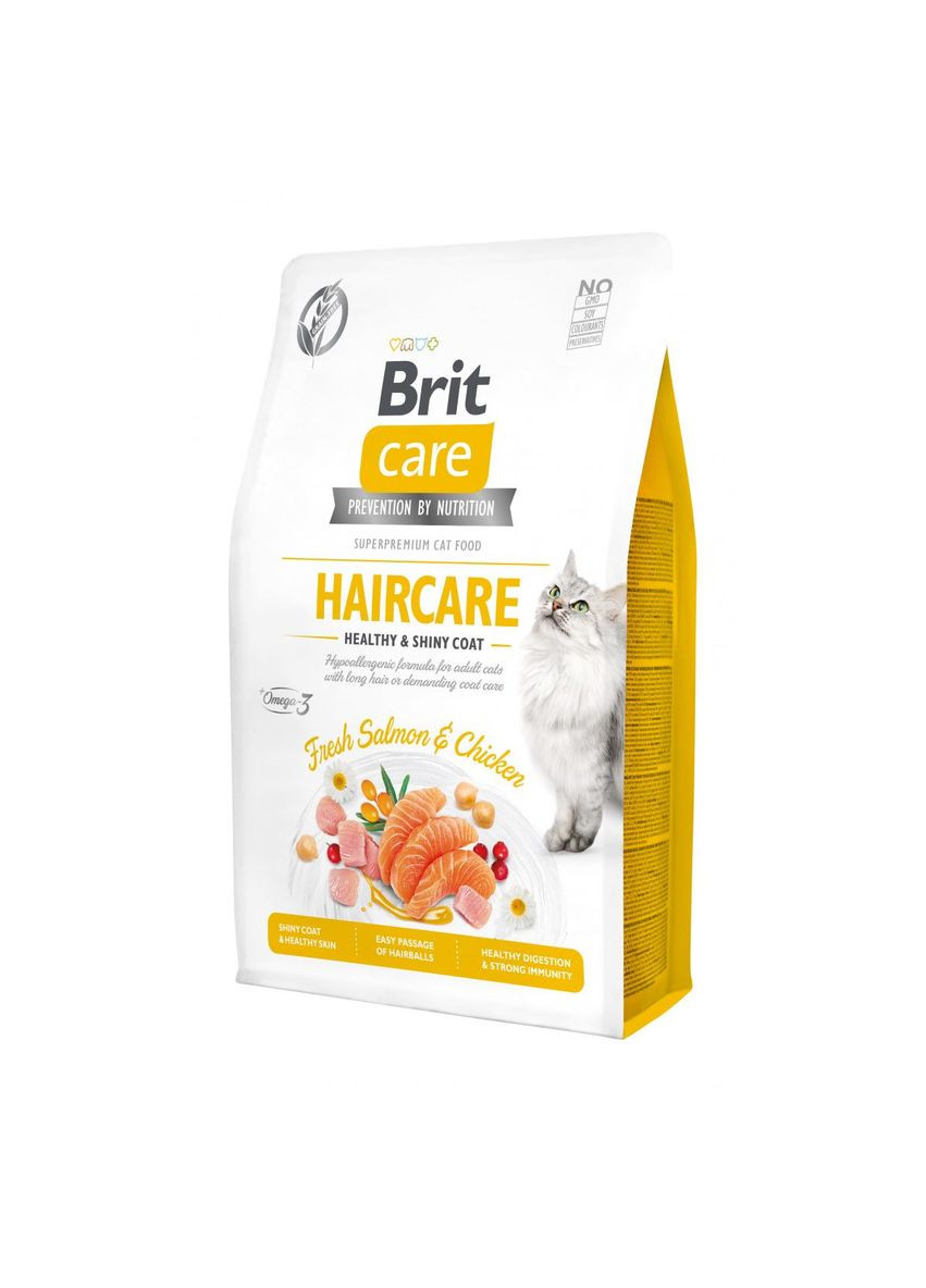 Корм для кошек с длинной шерстью Care Haircare Healthy & Shiny Coat 2 кг, с курицей и лососем Brit (293408142)