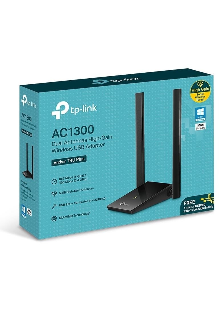 Сетевой адаптер USB TPLINK Archer T4U Plus, Black, 5GHz/2.4GHz, AC1300 (867/400 Мбит/с), USB 3.0, высокомощные антенны, MU-MIMO TP-Link (314780072)
