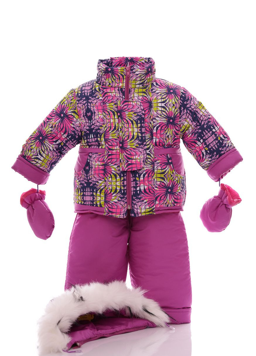 Рожевий зимній комбінезон на синтепоні для дівчинки з принтом абстракції нуль підстібка рожевий білий з чорним хутром 86 см (50725) BABYKROHA