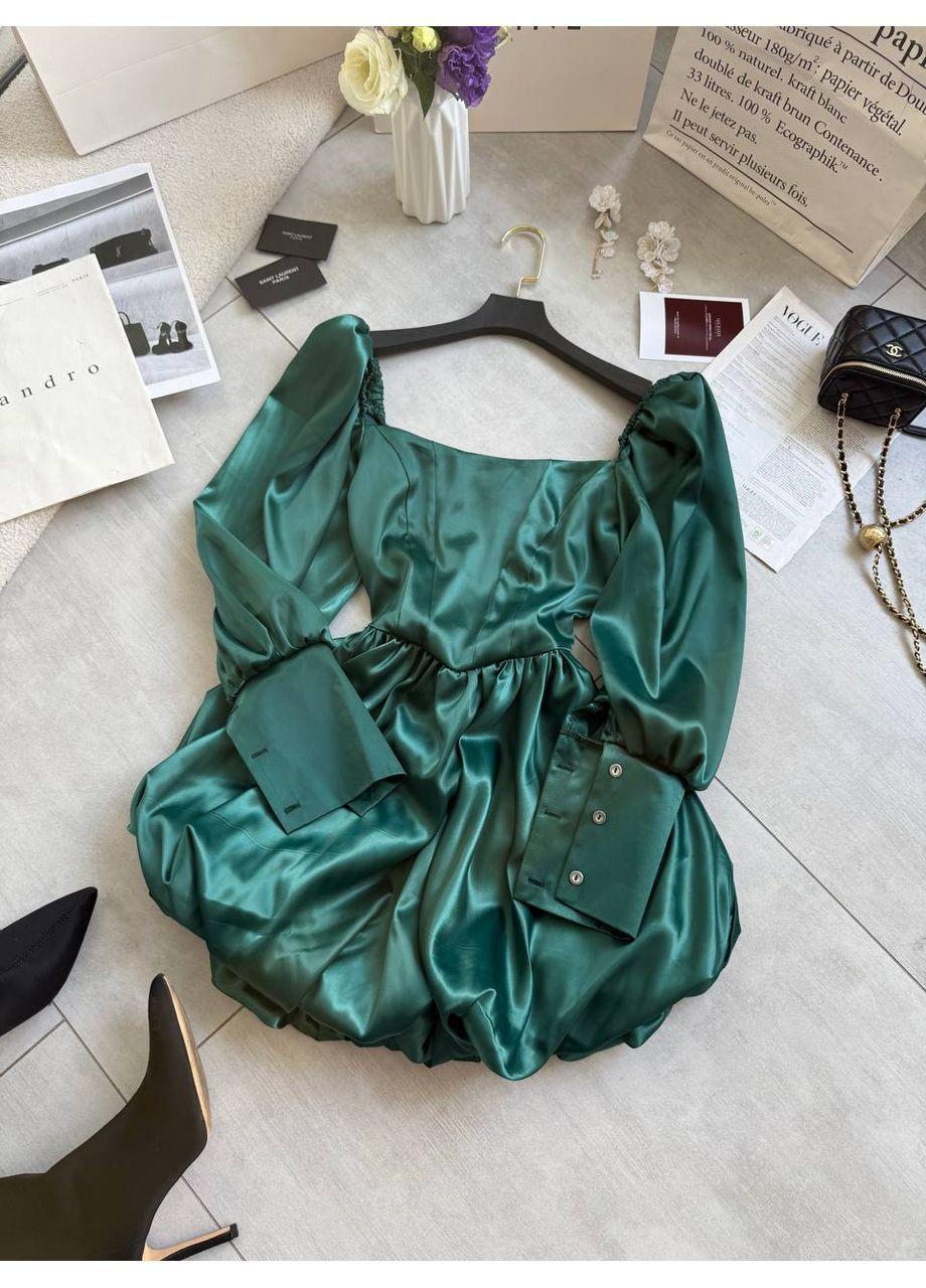 Изумрудное праздничный элегантное платье с объемными рукавами и сияющей текстурой No Brand однотонное