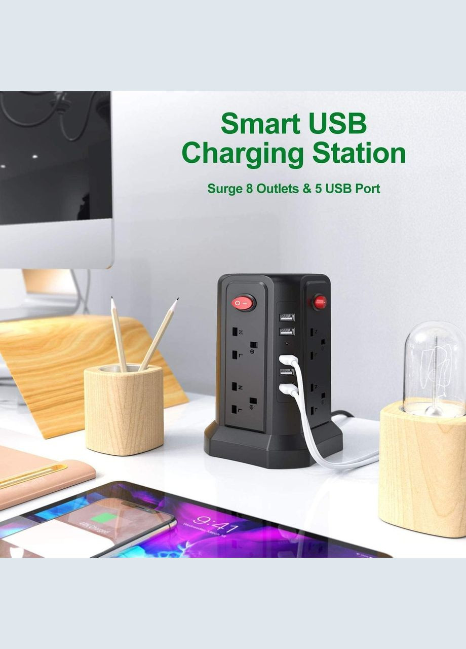 Удлинитель Tower с USB 8 розеток и 4 порта USB 5 м Черный No Brand (306443700)