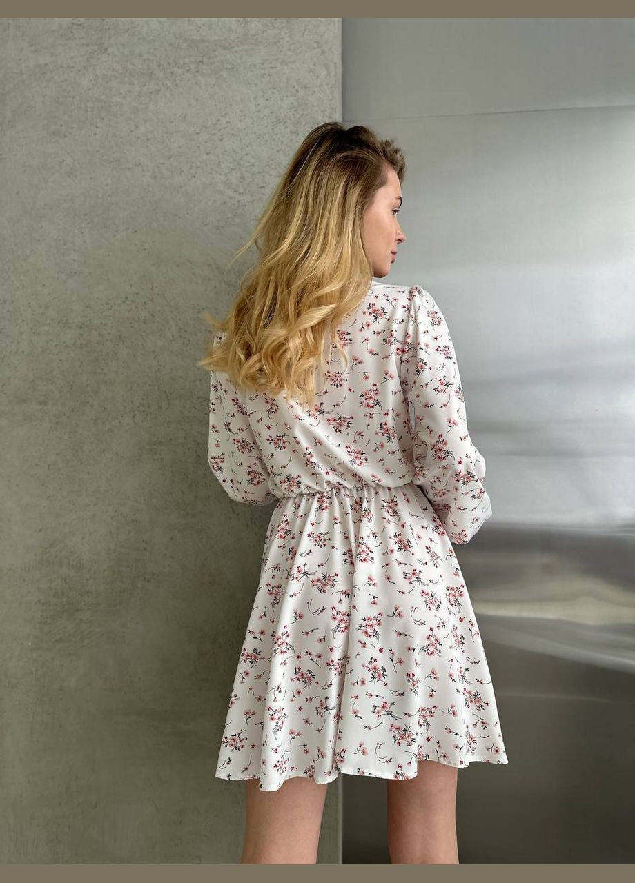 Молочное повседневный воздушное платье мини с бантом молочного цвета 32866 клеш Fashion с цветочным принтом