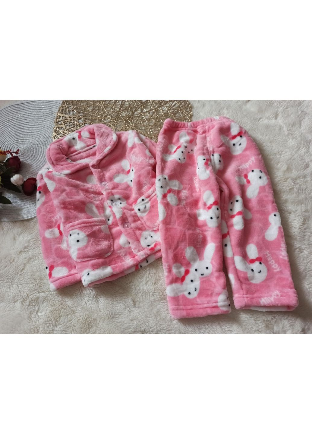 Рожева зимня піжама тепла махрова дитяча кофта + брюки No Brand Піжама