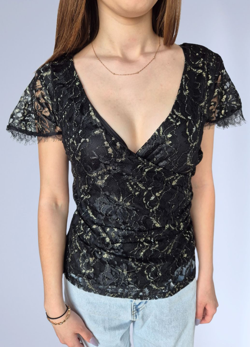 Чорна блузка жіноча гіпюрова із золотистою ниткою Linea