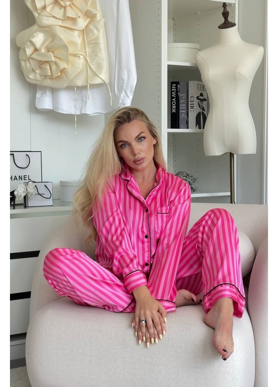 Малиновая всесезон женская пижама в полоску с длинными рукавами и брюками. рубашка + брюки Україна