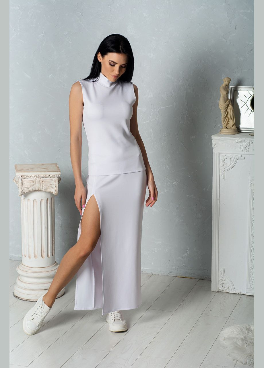 Белая офисная женская трикотажная юбка макси с разрезом на правой ноге, однотонная. No Brand