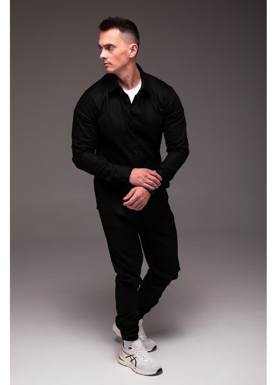 Чорний демісезонний стильний чоловічий костюм з натурального льону з сорочкою, брючний Vakko