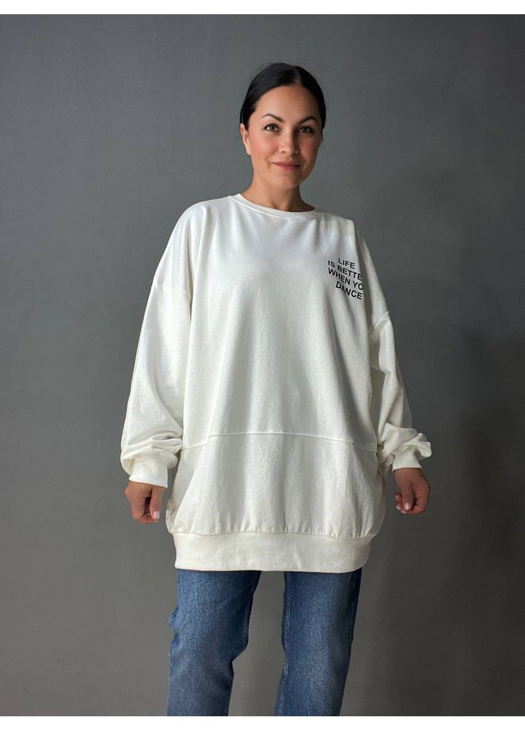 Білий світшот жіночий 5258 довгий оверсайз з малюнком на спині білий LSK (337665694)