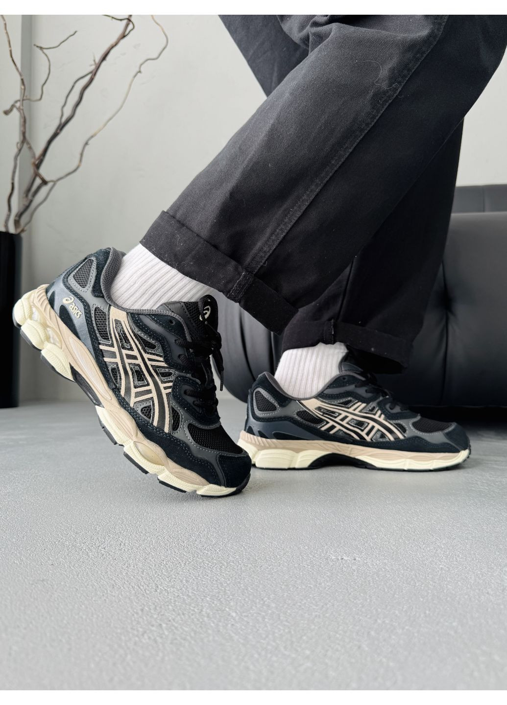 Черные демисезонные кроссовки мужские и женские Asics Gel-NYC Black Beige | Асікс Гель-НЮК