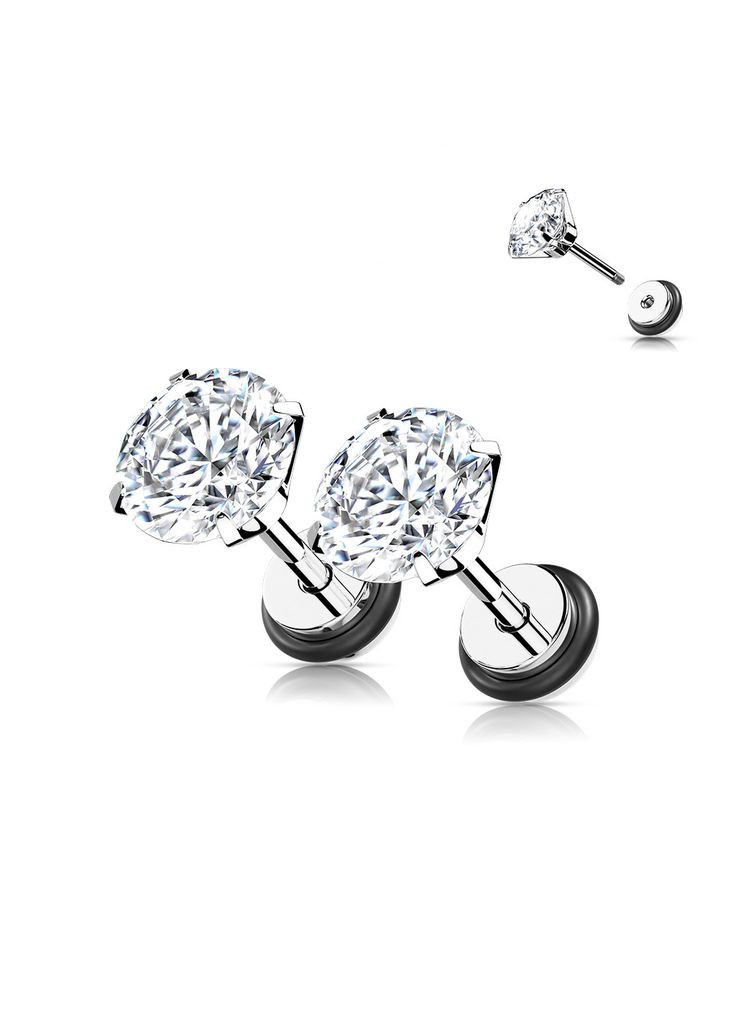 Сережки-гвоздики із сталі PSFX03-166-C з прозорим фіанітом (фейк плаг) (Фіаніт: 6мм, Колір сріблястий) Spikes (333698429)