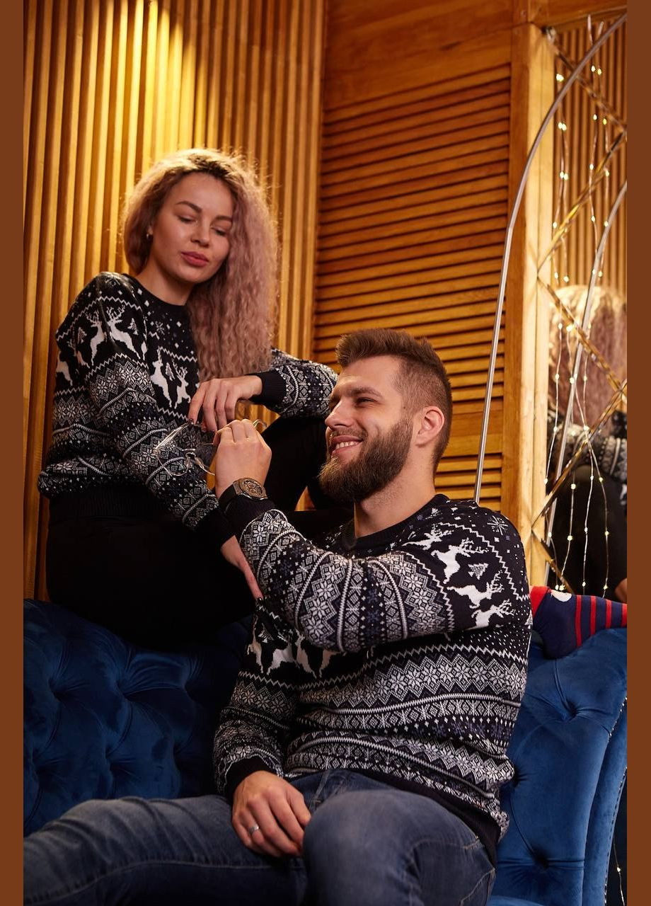 Темно-синий новогодний свитер с оленями No Brand