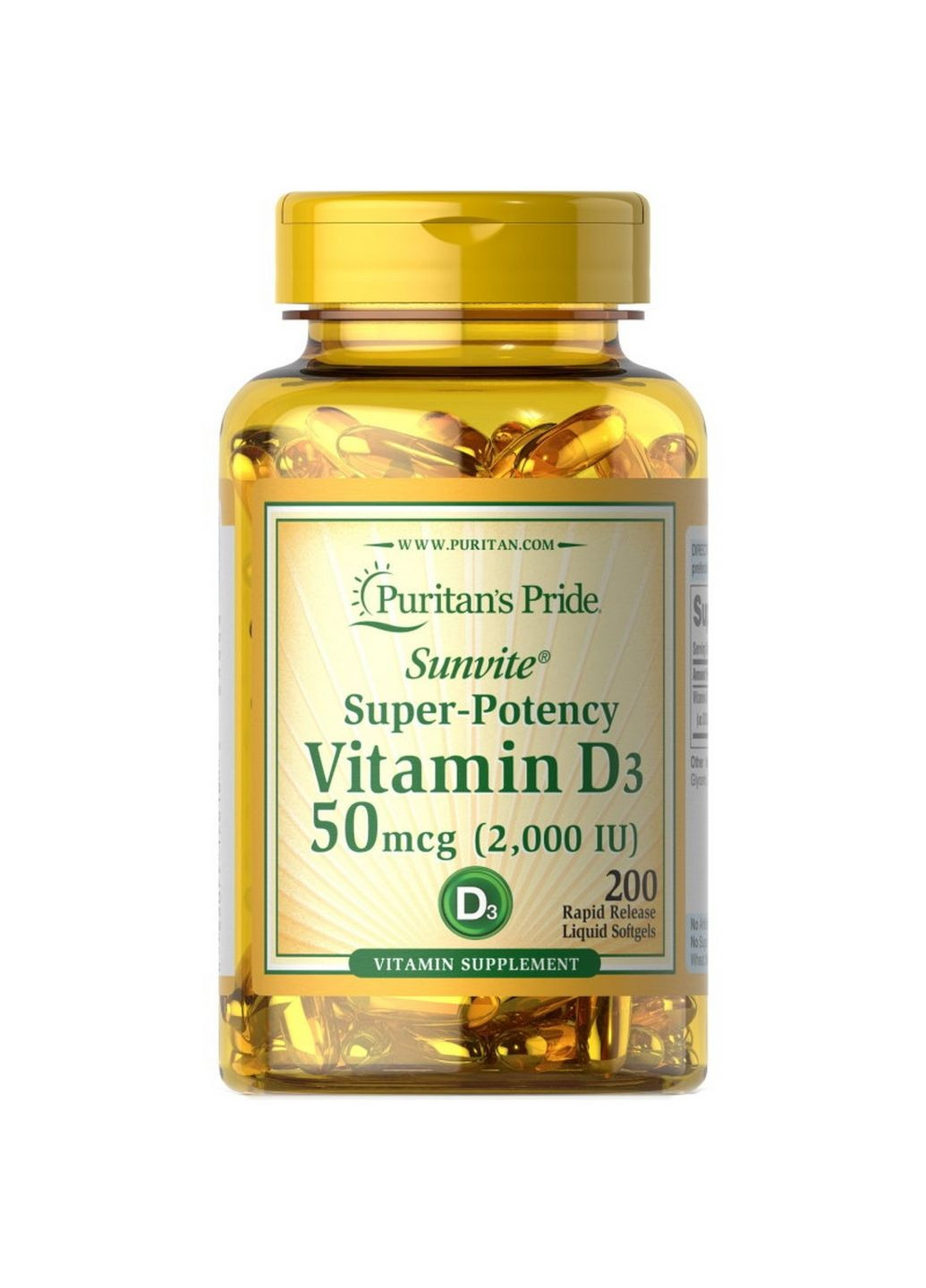 Витамины и минералы Vitamin D3 2000 IU, 200 капсул Puritans Pride (293478837)