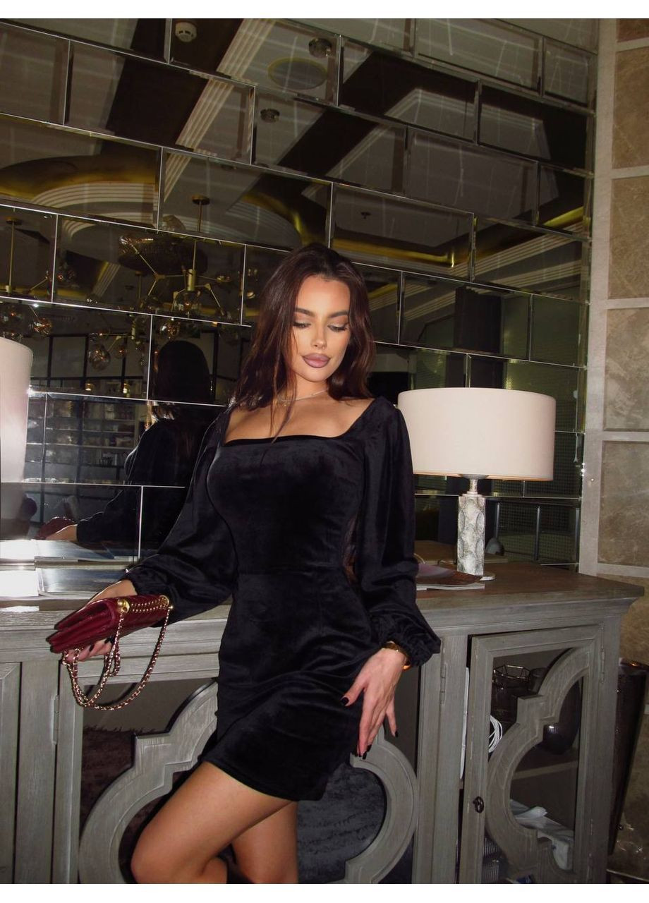 Черное повседневный, кэжуал стильное женское платье из полированного велюра No Brand