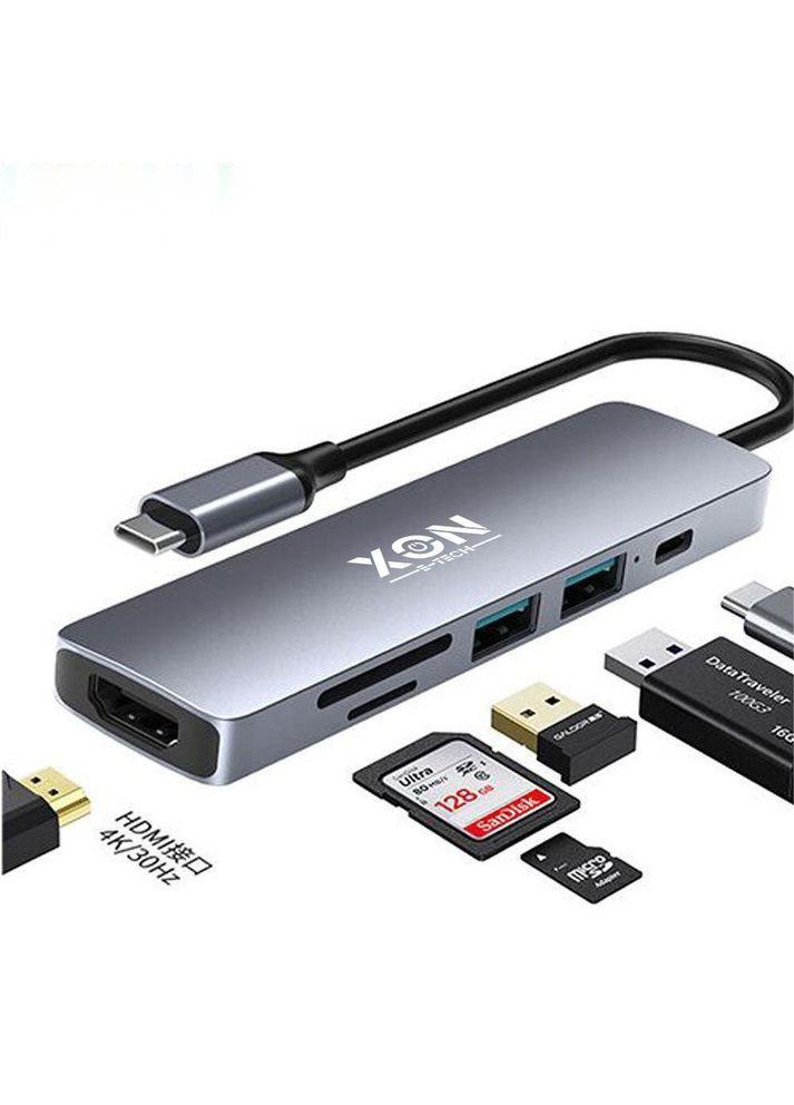USB-хаб XON SmartHub 6 в 1 (HDMI, SD/TF, Type-C, USB3.0, USB2.0) Сірий (UHCHP062312G 5160) XON E-Tech (303928562)