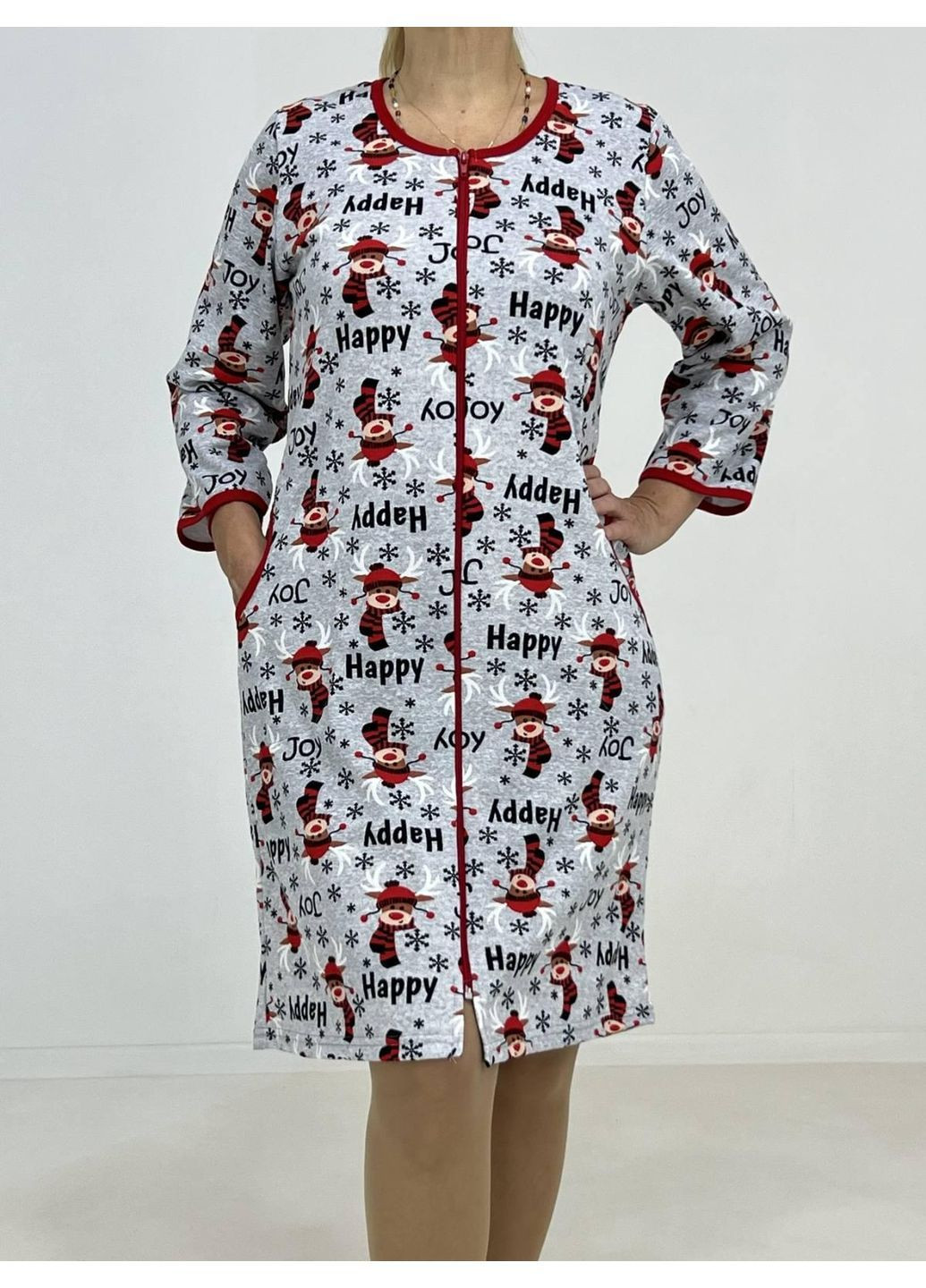 Халат жіночий байка Новорічний 44-46 Сірий 95725202-1 Triko (372970513)